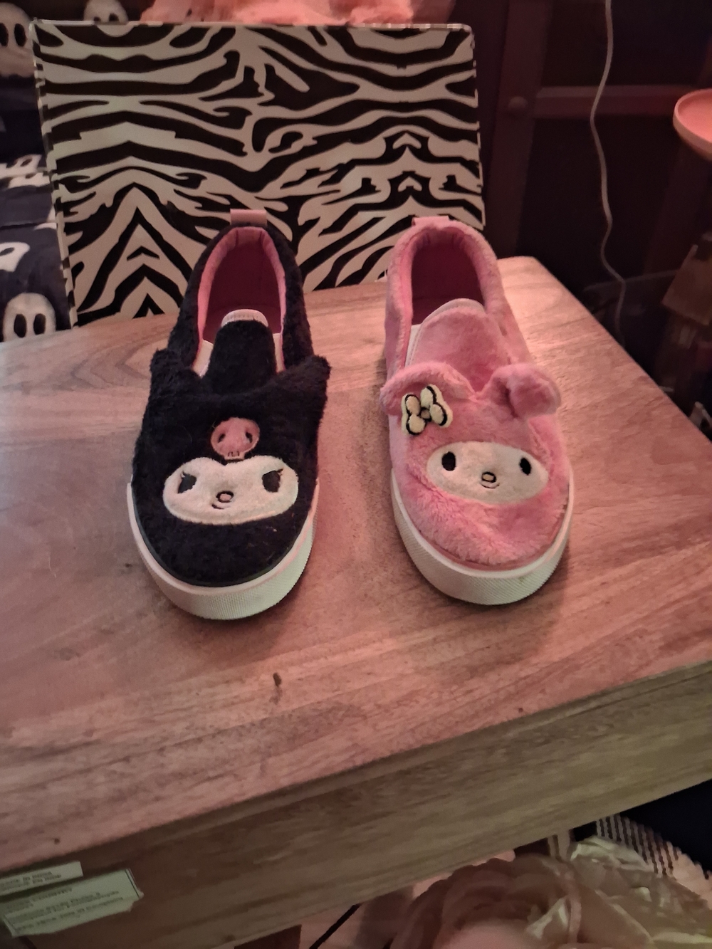 Plush Character Slip-On Slippers — Pink and Black